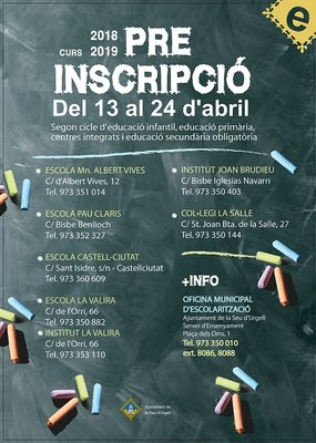 A partir d’avui i fins el 24 d’abril es poden fer les preinscripcions per als curs escolar 2018-2019 