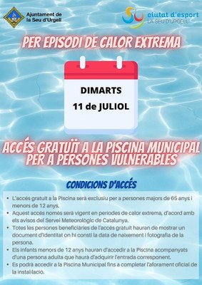 Accés gratuït a la piscina municipal per a persones vulnerables mentre duri l’episodi de calor extrema 