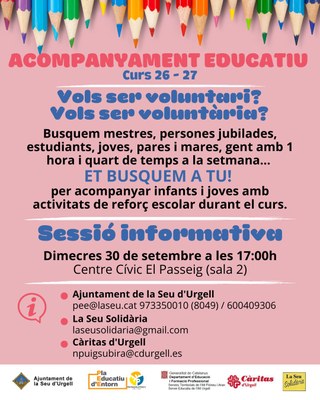Crida al voluntariat per al programa d’Acompanyament Educatiu del curs 2026-2027 a la Seu