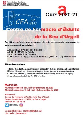 El Centre de Formació d’Adults de la Seu d’Urgell obre el període de matriculació per al curs 2020-2021