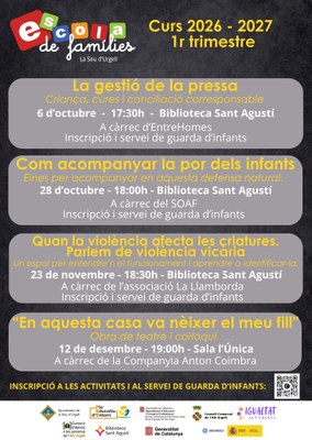 L’Escola de Famílies posa en marxa la programació del primer trimestre del curs 2026-2027 amb tallers de conciliació, gestió emocional i teatre