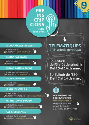 La setmana vinent s’inicia la preinscripció escolar per al curs 2021-2022 per l’educació infantil, primària i ESO