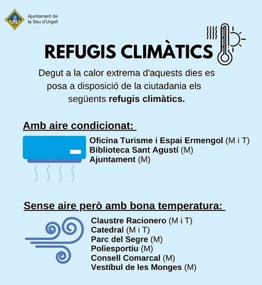 La Seu d’Urgell ofereix a la ciutadania diversos espais públics com a refugis climàtics per resguardar-se de la calor extrema 
