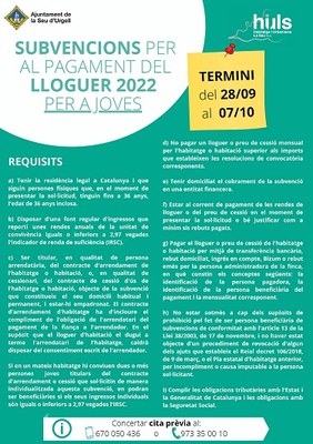 Obert el període per optar a les subvencions per al pagament del lloguer o preu de cessió d’habitatge o habitació per a joves